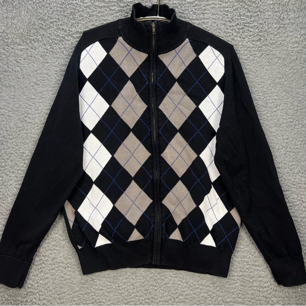 Guess Sweater Mens Large Black White Gray Argyle Diamond Mock Neck Preppy Layer